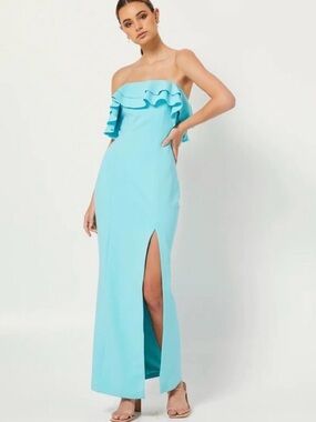 elliatt chimera blue aqua tiered ruffle front strapless maxi dress size XS new
